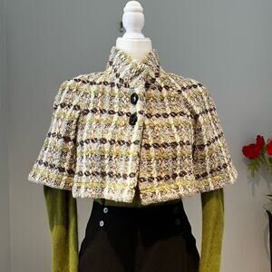 NEW Gianni Bini Wool Boucle Plaid Academia Cropped Buttoned Swing Blazer Jacket…